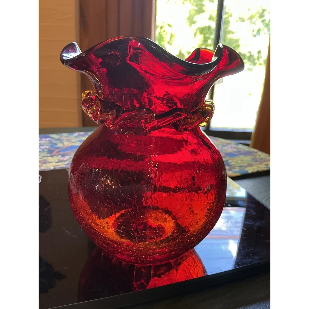 Vintage MCM Amberina Red Crackle Glass 6